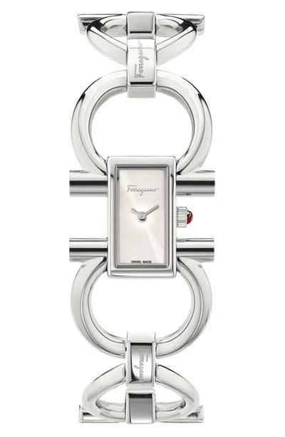 Shop Ferragamo Double Gancini Bracelet Watch, 13.5mm X 23.5mm In Silver/ White Sunray/ Silver