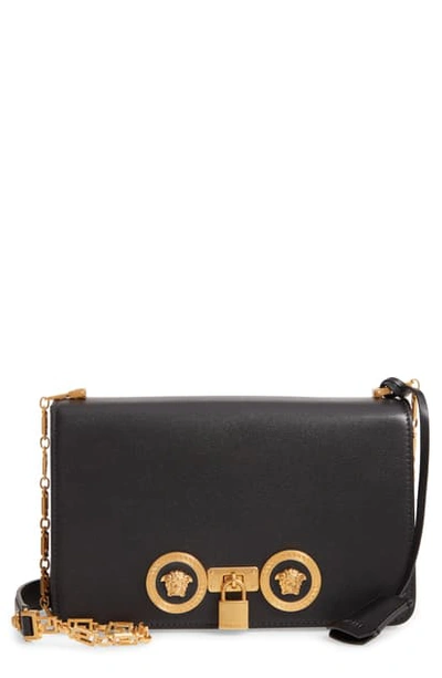 Shop Versace Medium Icon Leather Shoulder Bag In Black/ Tribute Gold