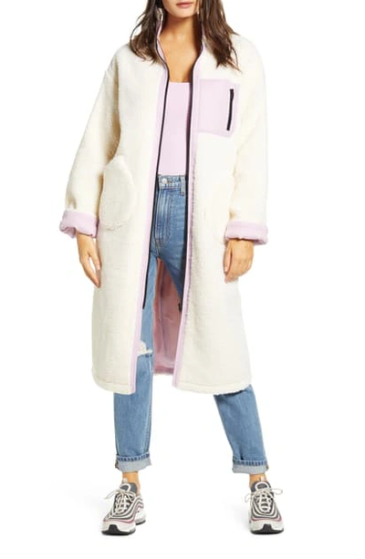 Shop Joa Longline Teddy Fleece Coat In Lavender/ Cream