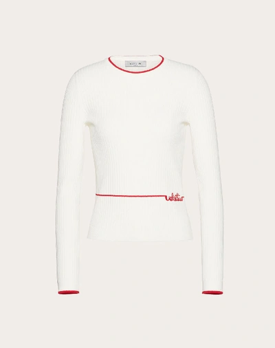 Shop Valentino Viscose Sweater With  Signature Embroidery In Ivory/red