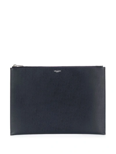 Shop Saint Laurent Logo Stamp Zipped Clutch In Blue