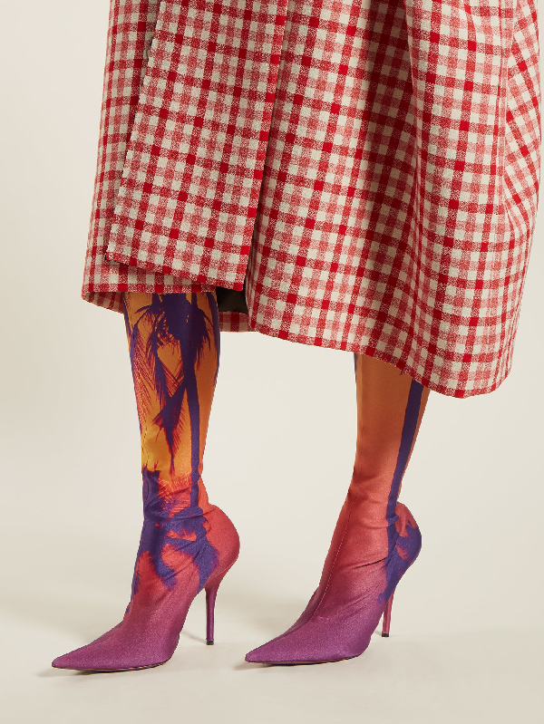 Balenciaga Knife Over-the-knee Boots In Tonal-purple, Pink And Orange  Tropical Print | ModeSens