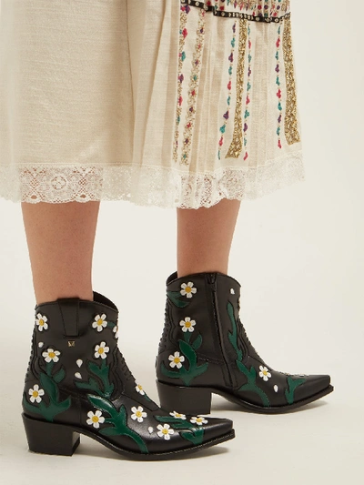 Valentino Garavani Ranch Flowers 40 Leather Ankle Boots In Black | ModeSens