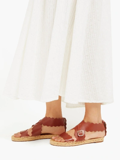 Chlo Lauren Scalloped edge Leather Espadrille Sandals In Brown