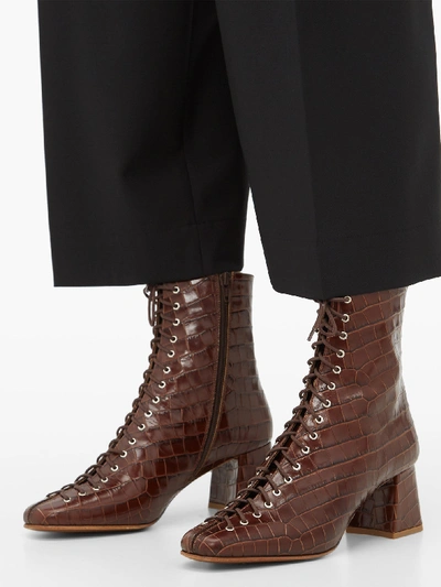 By Far Becca Glossed Croc effect Leather Ankle Boots In Brown
