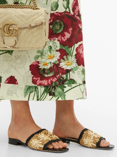 Gucci Floral Raffia And Leather Sandals In Neutral | ModeSens