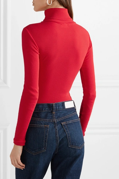 Shop Re/done Ribbed Cotton-jersey Turtleneck Thong Bodysuit In Red