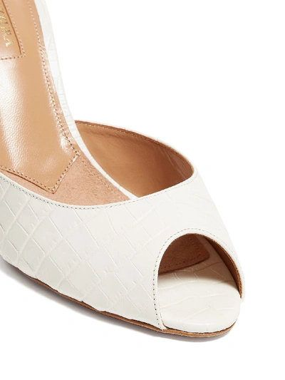 Aquazzura Samantha 85 Crocodile Effect Leather Mules In White Modesens