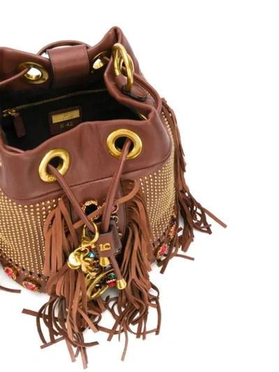 Shop La Carrie Rhinestone-embellished Fringed Bucket Bag In Brown