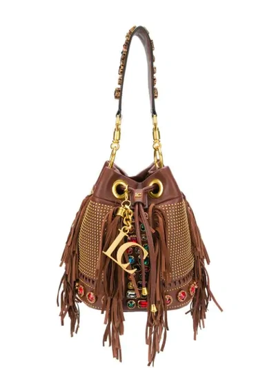 Shop La Carrie Rhinestone-embellished Fringed Bucket Bag In Brown