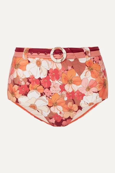 Peony Net Sustain Belted Floral-print Bikini Briefs In Red