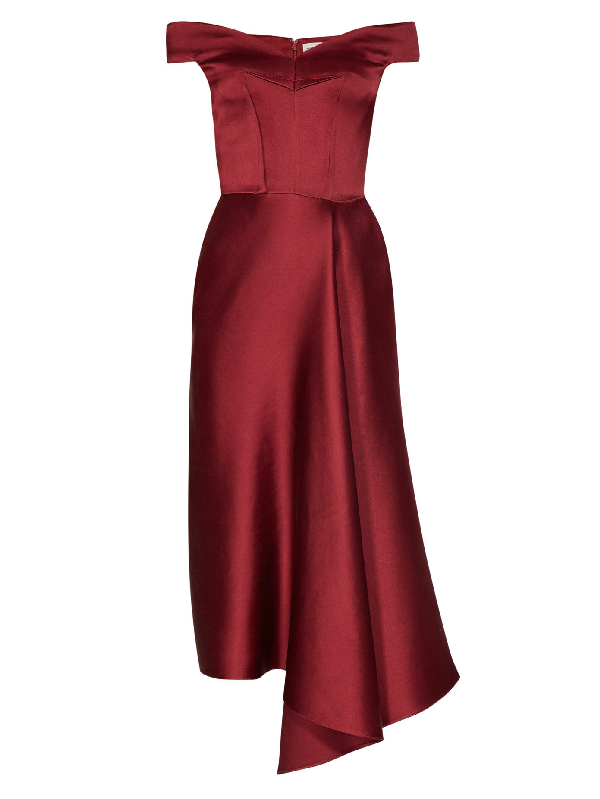burgundy one shoulder draped midi dress