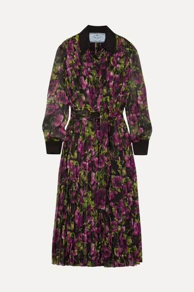 Shop Prada Pleated Floral-print Silk-crepon Midi Dress In Purple