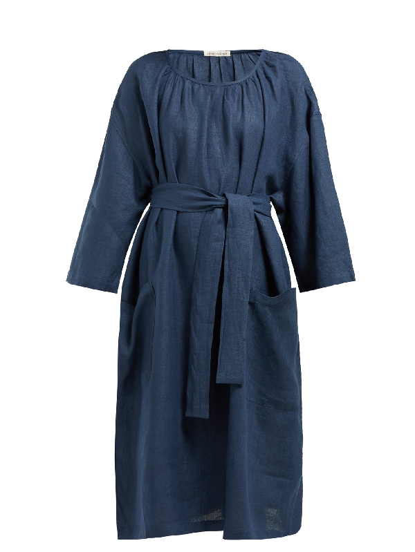 Denis Colomb Tie Waist Linen Dress In Navy Modesens