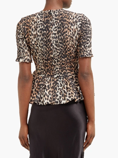 Ganni Shirred Leopard-print Cotton And Silk-blend Peplum Top In Brown |  ModeSens