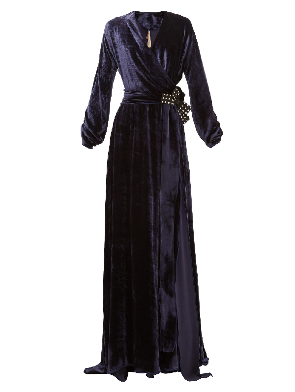 navy blue velvet wrap dress