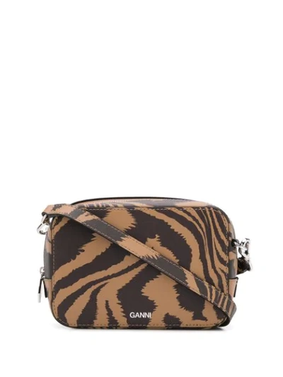 Shop Ganni Tiger-print Crossbody Bag In Brown