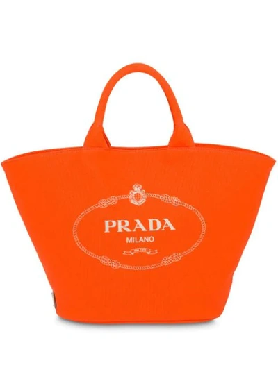 Shop Prada Logo Print Tote In Orange
