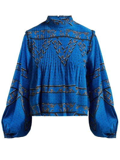 Ganni Pintucked Printed Silk Crepe De Chine Blouse In Cobalt Blue | ModeSens