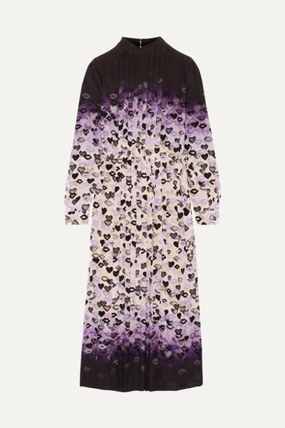 Shop Prada Pleated Printed Dégradé Silk Crepe De Chine Midi Dress In Purple