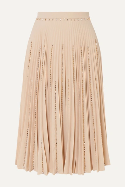 Shop Burberry Crystal-embellished Pleated Crepe Midi Skirt In Cream