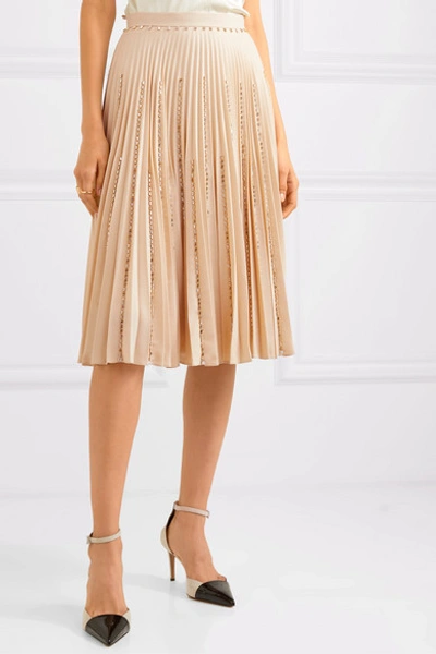 Shop Burberry Crystal-embellished Pleated Crepe Midi Skirt In Cream