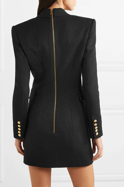 Shop Balmain Button-embellished Metallic Wool-blend Mini Dress In Black