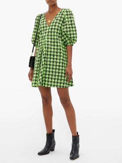 Ganni Checked Cotton-blend Seersucker Mini Dress In Green | ModeSens