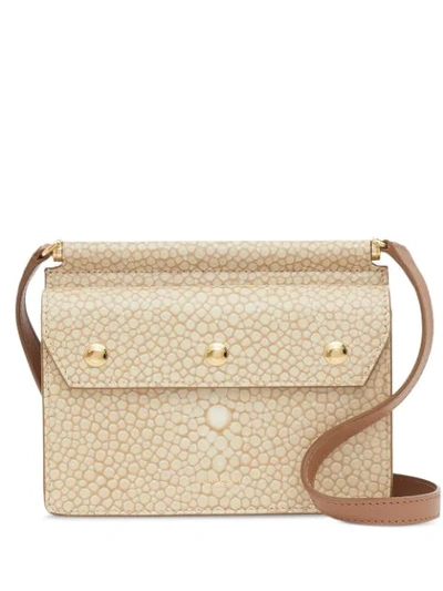 Shop Burberry Mini Fish-scale Print Title Bag With Pocket Detail In Neutrals