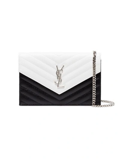 Shop Saint Laurent Black And White Monogram Quilted Leather Chain Wallet