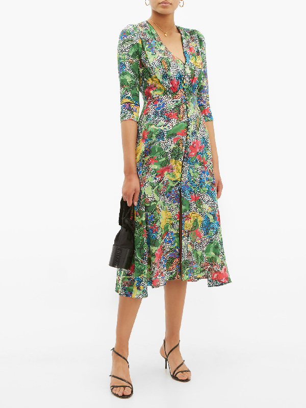 Saloni Eve Floral-print Silk Crepe De Chine Midi Dress In Green | ModeSens