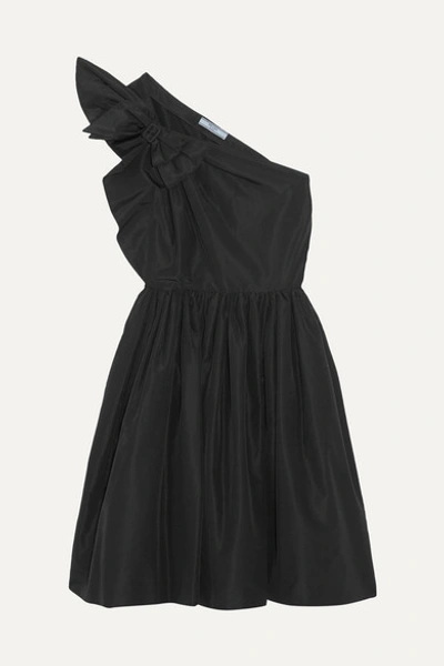Shop Prada One-shoulder Bow-embellished Silk-faille Dress In Black