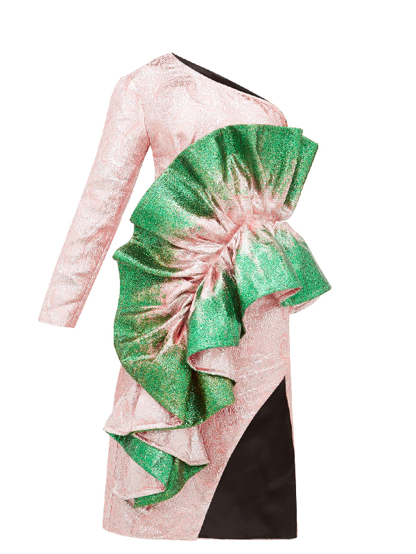 green brocade dress