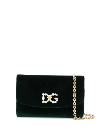 Shop Dolce & Gabbana Velvet Crystal Logo Crossbody Bag In Green