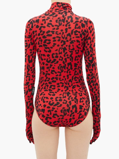 Leopard-print Roll-neck Bodysuit In Black Red