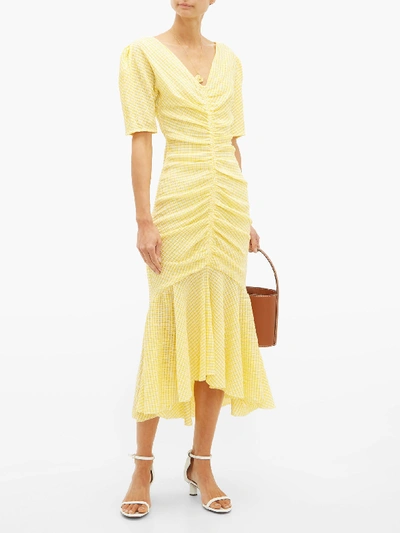 Staud Panier Ruched Gingham Seersucker Midi Dress In Yellow ModeSens
