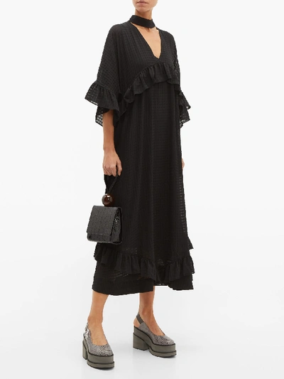 Ganni Ruffled Seersucker Midi Dress In Black | ModeSens
