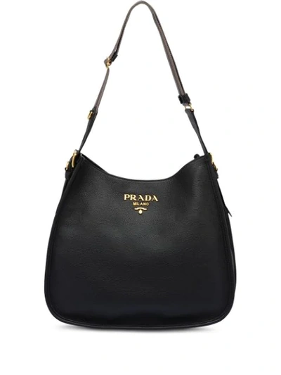 Shop Prada Front Logo Hobo Bag In Black