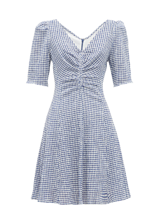 blue and white gingham dress