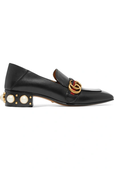 Shop Gucci Marmont Logo And Faux Pearl-embellished Leather Collapsible-heel Pumps In Black