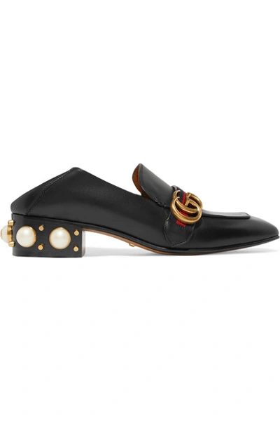 Shop Gucci Marmont Logo And Faux Pearl-embellished Leather Collapsible-heel Pumps In Black