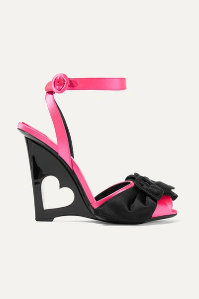Shop Prada Bow-embellished Satin Wedge Sandals In Pink