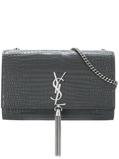 Shop Saint Laurent Croco-embossed Shoulder Bag In Grey