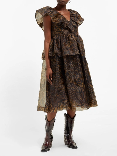 Ganni Tiger-print Ruffled Organza Dress In Brown | ModeSens