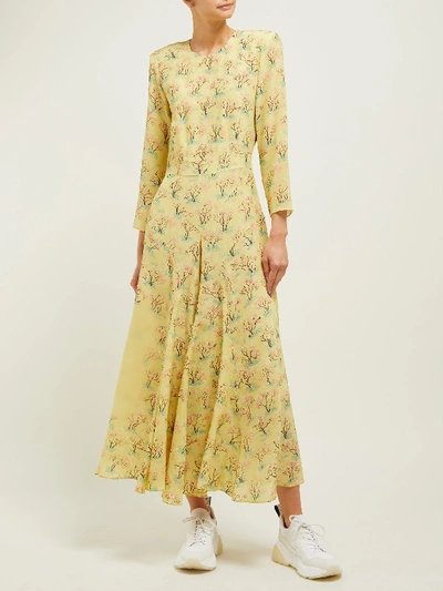 Shop Raey Bracelet-sleeve Acid Tree-print Silk Dress In Yellow