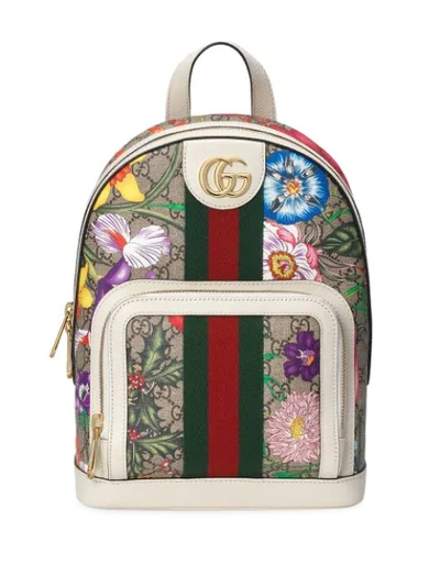 Shop Gucci Flora Print Monogram Backpack In Neutrals