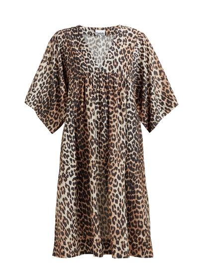 Ganni Leopard Print Oversize Cotton & Silk Midi Dress In Brown | ModeSens