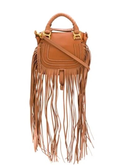Shop Chloé Mini Marcie Fringed Handbag In Brown