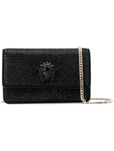 Shop Versace Crystal-embellished Medusa Palazzo Shoulder Bag In Black