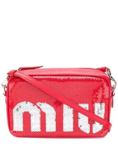 Shop Miu Miu Sequinned Logo Crossbody Bag - Red